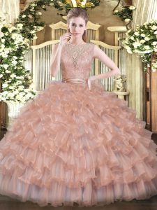 New Arrival Champagne Tulle Backless Quinceanera Dress Sleeveless Floor Length Beading and Ruffled Layers