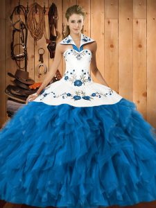 Teal Satin and Organza Lace Up Halter Top Sleeveless Floor Length Quince Ball Gowns Embroidery and Ruffles