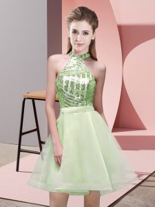 Sophisticated Yellow Green A-line Chiffon Halter Top Sleeveless Sequins Mini Length Backless Quinceanera Dama Dress