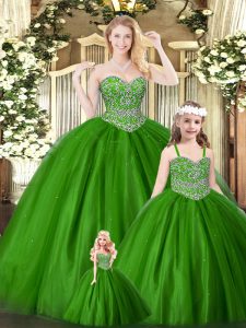 Captivating Sleeveless Floor Length Beading Lace Up Quince Ball Gowns with Green