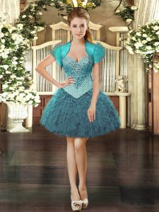 Custom Fit Teal Sweetheart Lace Up Beading and Ruffles Prom Gown Sleeveless