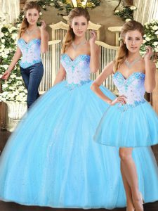 Pretty Baby Blue Tulle Lace Up Quinceanera Dress Sleeveless Floor Length Beading