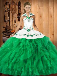Floor Length Green Quince Ball Gowns Halter Top Sleeveless Lace Up