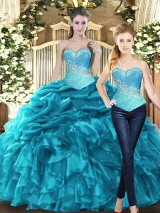 Custom Designed Aqua Blue Sleeveless Floor Length Beading and Ruffles Lace Up Sweet 16 Quinceanera Dress