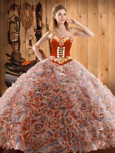 Inexpensive Multi-color Ball Gowns Sweetheart Sleeveless Satin and Fabric With Rolling Flowers With Train Sweep Train Lace Up Embroidery 15th Birthday Dress