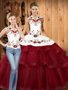Dazzling Sleeveless With Train Embroidery and Ruffled Layers Lace Up Quinceanera Dress with Wine Red Sweep Train