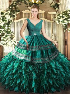 Sleeveless Floor Length Beading and Ruffles Backless Sweet 16 Dresses with Turquoise