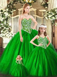 Extravagant Green Ball Gowns Beading Sweet 16 Quinceanera Dress Lace Up Tulle Sleeveless Floor Length