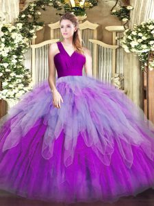 Perfect Sleeveless Floor Length Ruffles Zipper 15th Birthday Dress with Multi-color