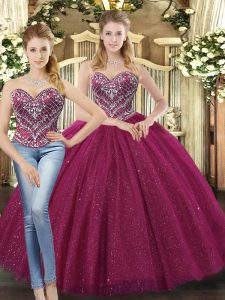 Sophisticated Fuchsia Two Pieces Beading Sweet 16 Quinceanera Dress Lace Up Tulle Sleeveless Floor Length
