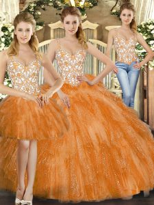 Decent Orange Red Three Pieces Straps Sleeveless Organza Floor Length Lace Up Beading and Ruffles 15th Birthday Dress