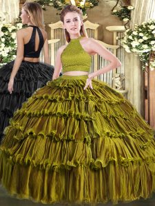Ball Gowns Sweet 16 Dresses Olive Green Halter Top Organza Sleeveless Floor Length Backless