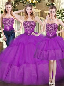 Dynamic Eggplant Purple Ball Gowns Tulle Strapless Sleeveless Beading and Ruffled Layers Floor Length Lace Up Quinceanera Dresses