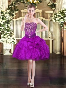 Customized Purple Ball Gowns Organza Strapless Sleeveless Beading and Ruffles Mini Length Lace Up Prom Gown