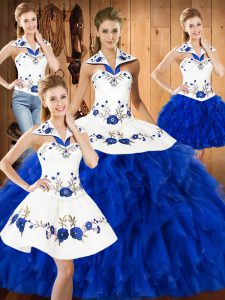 Halter Top Sleeveless Lace Up Quinceanera Dresses Blue And White Satin and Organza
