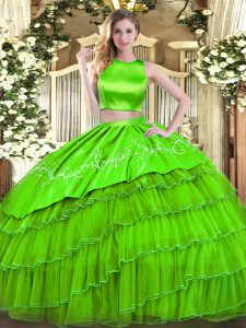 Fashion Sleeveless Floor Length Embroidery and Ruffled Layers Criss Cross Quince Ball Gowns with