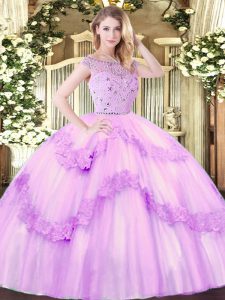 Tulle Bateau Sleeveless Zipper Beading and Appliques Quinceanera Dress in Lilac