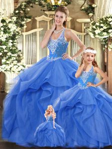 Latest Floor Length Ball Gowns Sleeveless Blue Sweet 16 Dresses Lace Up