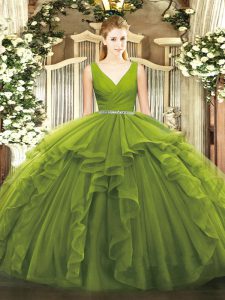 Popular Floor Length Olive Green 15 Quinceanera Dress Tulle Sleeveless Beading and Ruffles