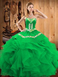 Sleeveless Floor Length Embroidery Lace Up 15th Birthday Dress with Green
