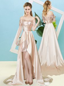 Enchanting Champagne Short Sleeves High Low Sequins Lace Up Prom Party Dress