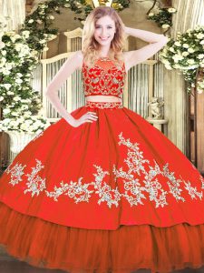 Cute Red Scoop Zipper Beading and Appliques 15th Birthday Dress Sleeveless
