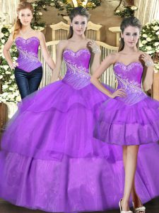 Captivating Eggplant Purple Ball Gowns Sweetheart Sleeveless Tulle Floor Length Lace Up Beading and Ruffled Layers Vestidos de Quinceanera