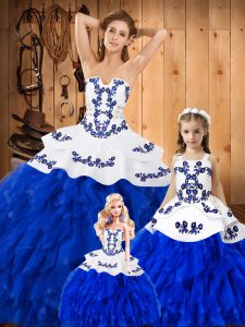 Royal Blue Lace Up Strapless Embroidery and Ruffles Quinceanera Gown Lace Sleeveless