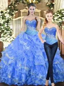 Baby Blue Tulle Lace Up Sweetheart Sleeveless Floor Length Sweet 16 Quinceanera Dress Beading and Ruffles
