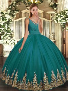 Appliques Sweet 16 Dress Turquoise Backless Sleeveless Floor Length