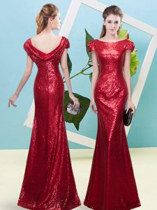 Wine Red Sequined Zipper Prom Evening Gown Cap Sleeves Floor Length Sequins
