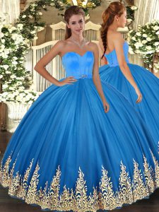 Stylish Blue Ball Gowns Tulle Sweetheart Sleeveless Appliques Floor Length Lace Up 15 Quinceanera Dress