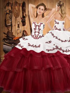 Artistic Wine Red Lace Up Sweet 16 Dress Embroidery and Ruffled Layers Sleeveless Sweep Train