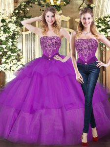 Eggplant Purple Quinceanera Gown Military Ball and Sweet 16 and Quinceanera with Beading and Ruffled Layers Strapless Sleeveless Lace Up