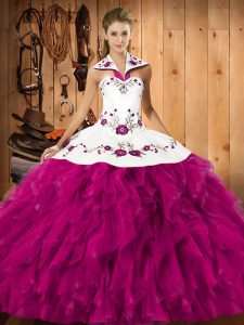 Wonderful Sleeveless Floor Length Embroidery and Ruffles Lace Up Ball Gown Prom Dress with Fuchsia