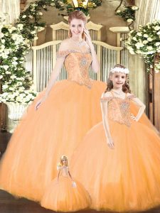 Hot Selling Orange Tulle Lace Up Off The Shoulder Sleeveless Floor Length Sweet 16 Dress Beading