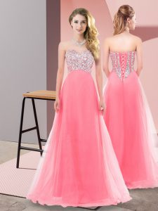 Sweet Floor Length Empire Sleeveless Watermelon Red Quinceanera Court of Honor Dress Lace Up