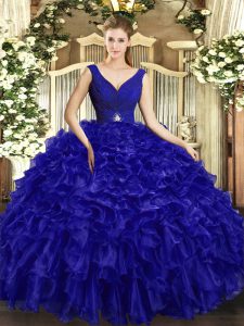Sleeveless Floor Length Beading and Ruffles Backless Sweet 16 Dress with Royal Blue