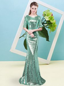 Half Sleeves Sequined Floor Length Zipper Homecoming Dress in Turquoise with Sequins