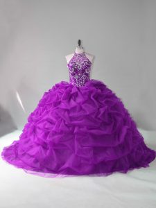 Luxurious Purple Sleeveless Organza Court Train Lace Up Quince Ball Gowns for Sweet 16 and Quinceanera