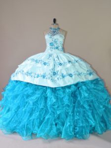 Sophisticated Embroidery and Ruffles Vestidos de Quinceanera Aqua Blue Lace Up Sleeveless Court Train
