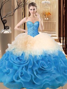 Multi-color Lace Up Sweetheart Beading and Ruffles Sweet 16 Dress Organza and Fabric With Rolling Flowers Sleeveless