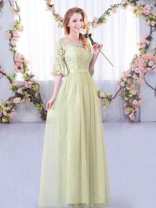 Yellow Green Half Sleeves Floor Length Lace and Belt Side Zipper Dama Dress for Quinceanera