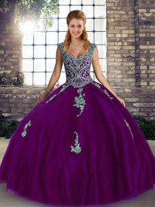 Customized Purple Sleeveless Tulle Lace Up Quinceanera Gowns for Military Ball and Sweet 16 and Quinceanera
