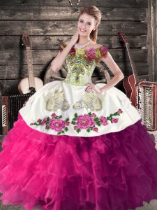 Floor Length Fuchsia Sweet 16 Dresses Off The Shoulder Sleeveless Lace Up