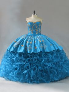 Hot Sale Sleeveless Embroidery and Ruffles Lace Up Sweet 16 Quinceanera Dress with Blue Brush Train