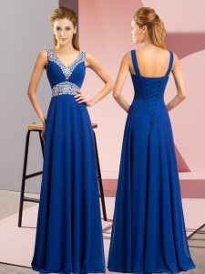 Pretty Beading Prom Dress Royal Blue Lace Up Sleeveless Floor Length