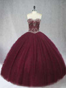 Popular Burgundy Tulle Lace Up 15 Quinceanera Dress Sleeveless Floor Length Beading
