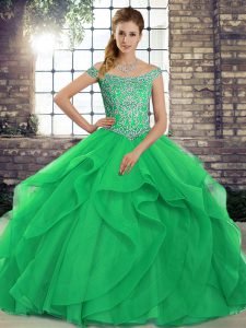 Sophisticated Green Off The Shoulder Lace Up Beading and Ruffles 15th Birthday Dress Brush Train Sleeveless