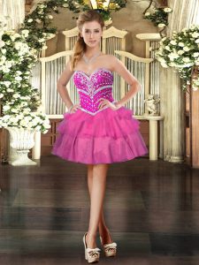 Hot Pink Ball Gowns Sweetheart Sleeveless Tulle Mini Length Lace Up Beading and Ruffled Layers Prom Evening Gown